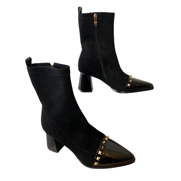 Azura Black Suede Ankle Boots With Gold Studs & Patent Toe Size 37 - Picture 4 of 12